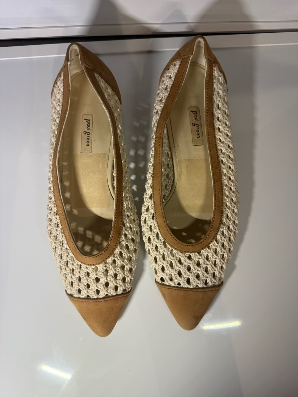 Paul Green Cream Crochet Pointed Flats with Tan Leather Trim size 8.5